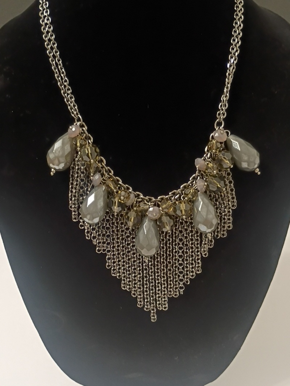 Lia Sophia Signed Gun Metal Gray Teardrop Fringe Statement Necklace